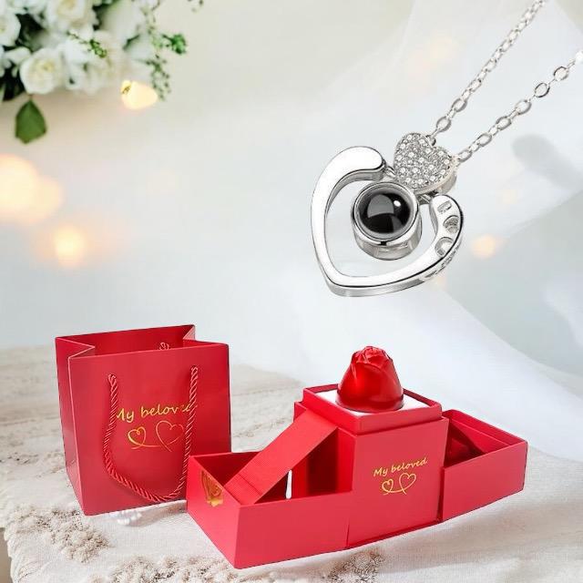 HotRose Double Heart Plata 925™ Conjunto con collar “te amo en 100 idiomas” en caja de rosa ascendente
