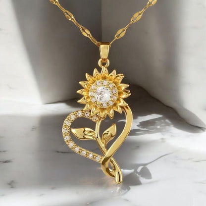 Girasol Heart™ Collar antiestrés de girasol giratorio bañado en oro 18k + anillo ajustable de regalo