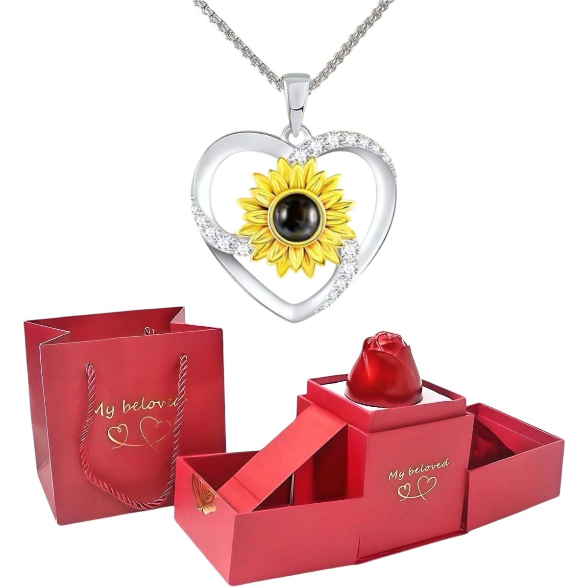 Girasol Megan - Collar te Amo en 100 idiomas en caja de rosa ascendente - Podios