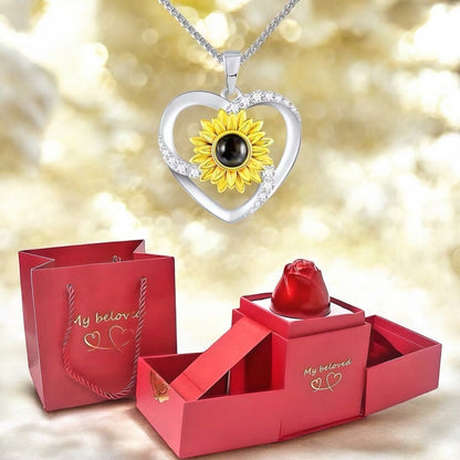 Girasol Megan - Collar te Amo en 100 idiomas en caja de rosa ascendente - Podios