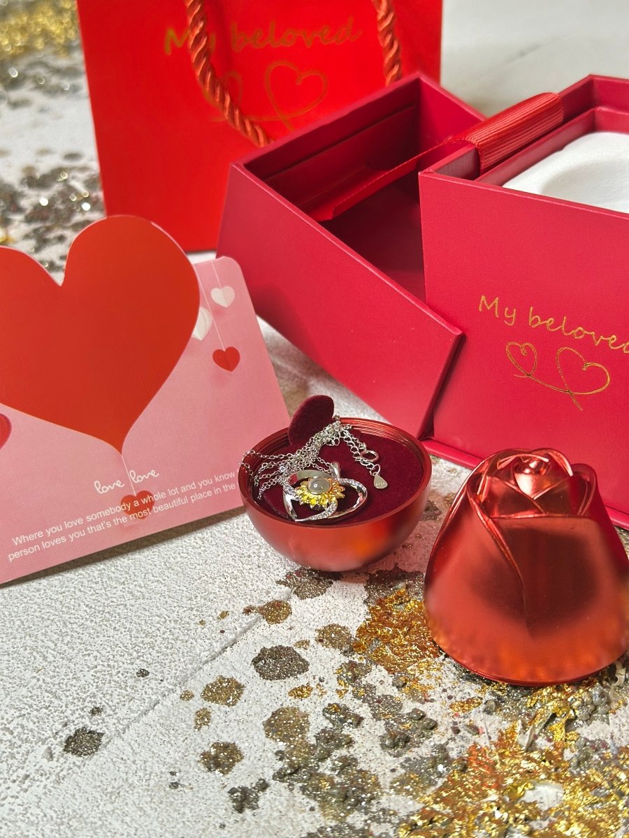 Girasol Megan - Collar te Amo en 100 idiomas en caja de rosa ascendente - Podios