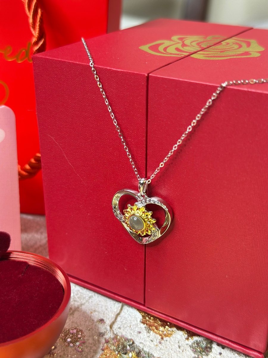 Girasol Megan - Collar te Amo en 100 idiomas en caja de rosa ascendente - Podios