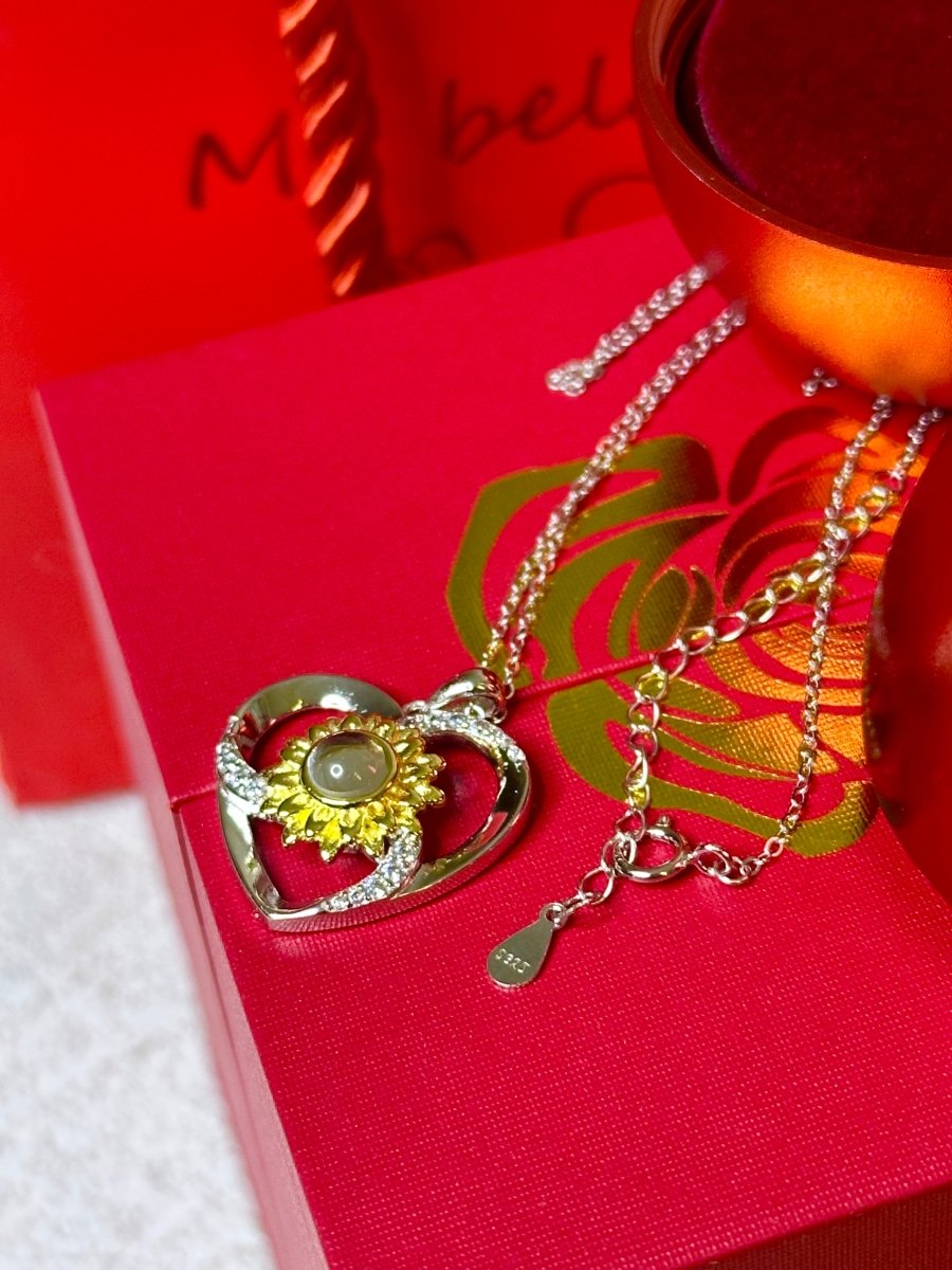 Girasol Megan - Collar te Amo en 100 idiomas en caja de rosa ascendente - Podios