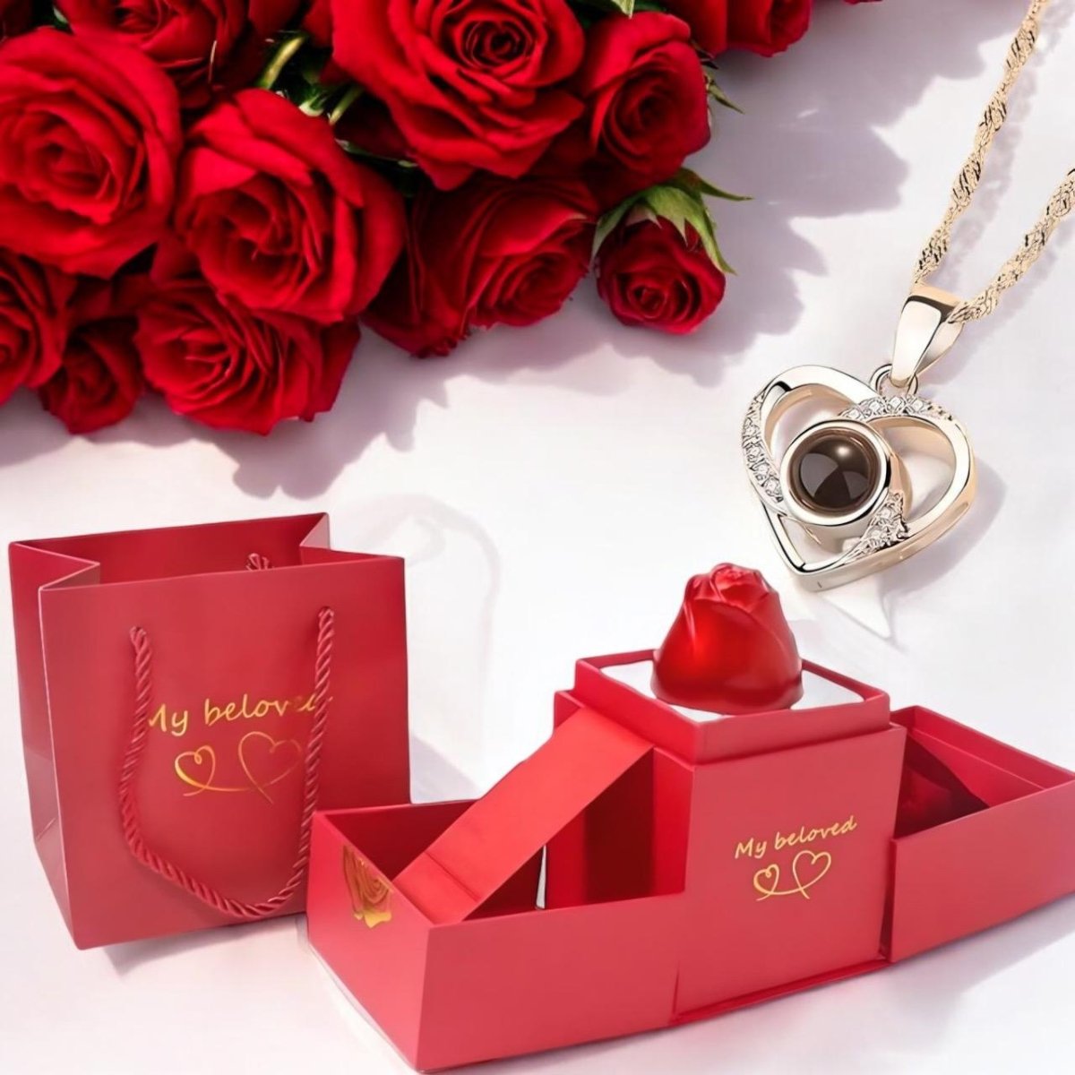 HotRose™ Conjunto con collar “te amo el 100 idiomas” en caja de rosa ascendente - Podios