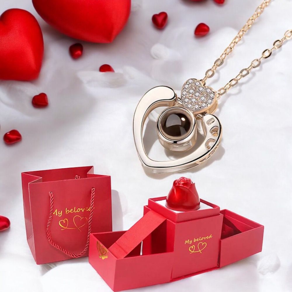 HotRose™ Conjunto con collar “te amo el 100 idiomas” en caja de rosa ascendente - Podios