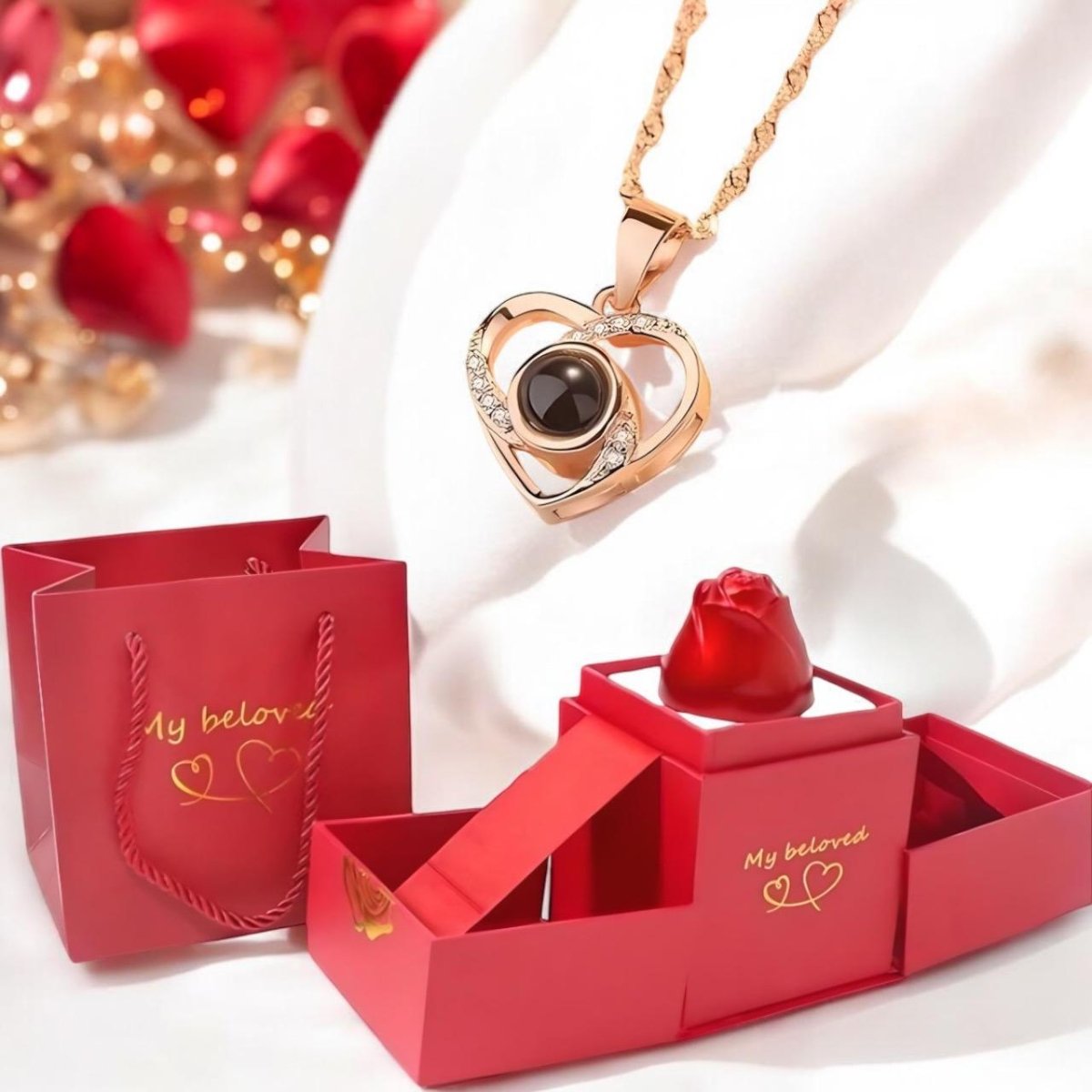 HotRose™ Conjunto con collar “te amo el 100 idiomas” en caja de rosa ascendente - Podios