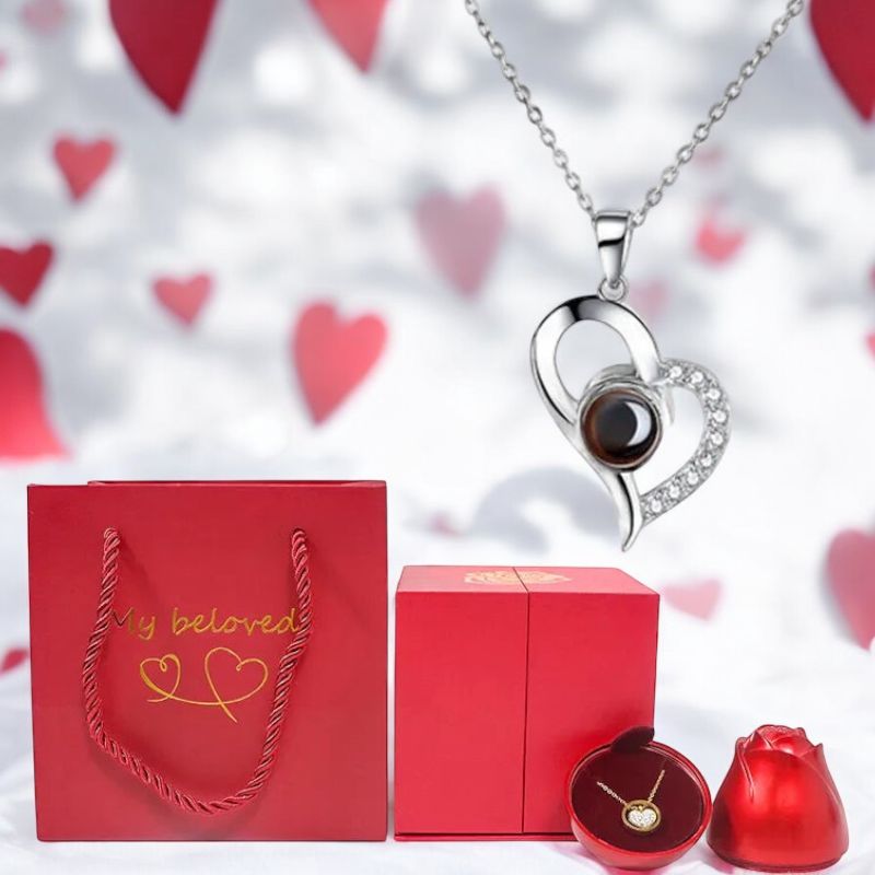 HotRose Deluxe™ Conjunto con collar “te amo el 100 idiomas” en caja de rosa ascendente - Podios